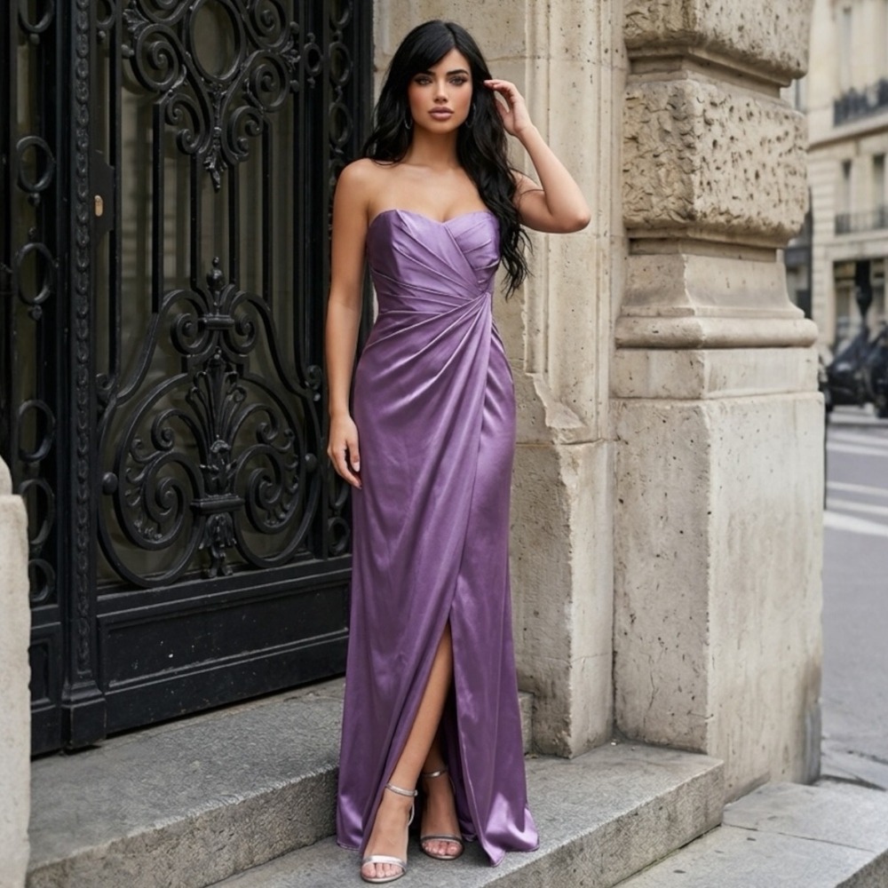 Purple Satin Strapless Ruched Evening Gown Dress  Womens 10